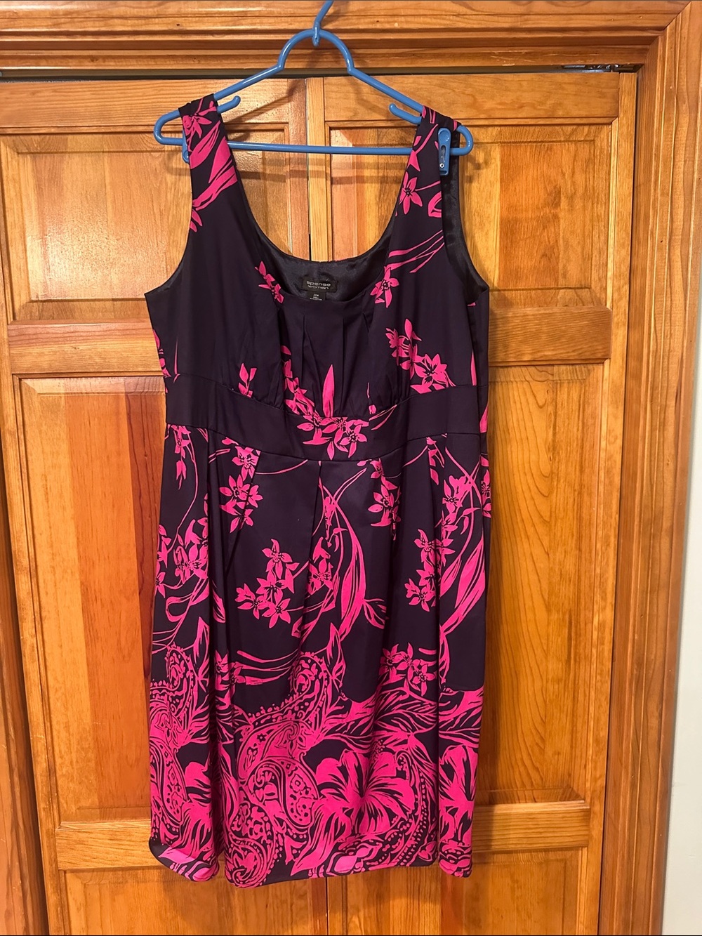 Sleeveless Navy Dress with Hot Pink Floral Print